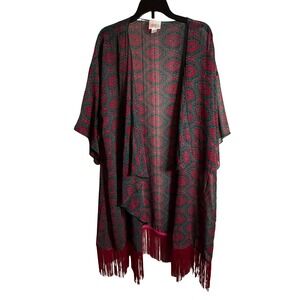 LuLaRoe Monroe Paisley Print Kimono Duster Fringe Pink Gray Size L Sheer Gypsy